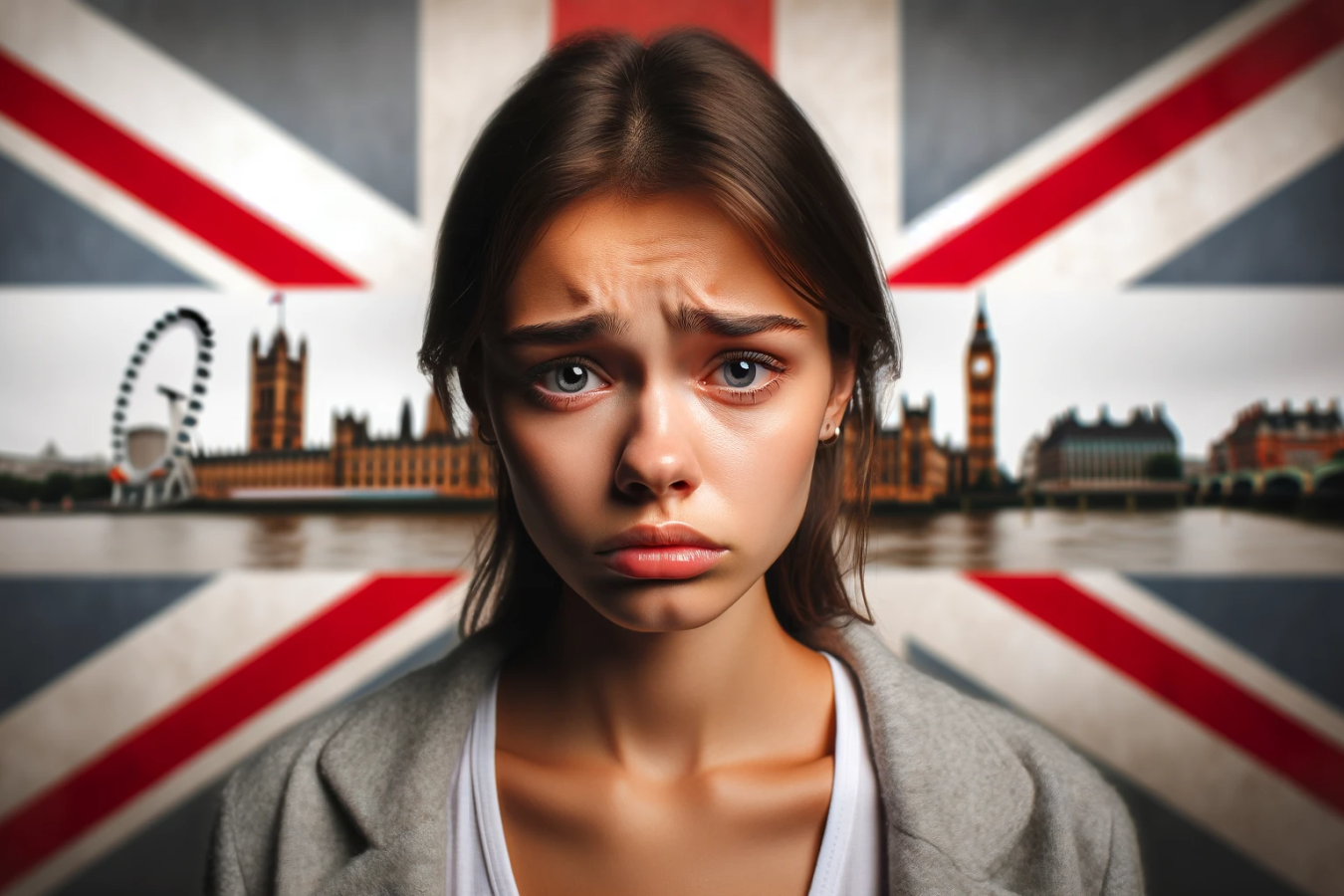 UK&#039;s Harsh Immigration Crackdown: Families &amp; Workers At Risk - Lithuanian Woman with UK Theme Background