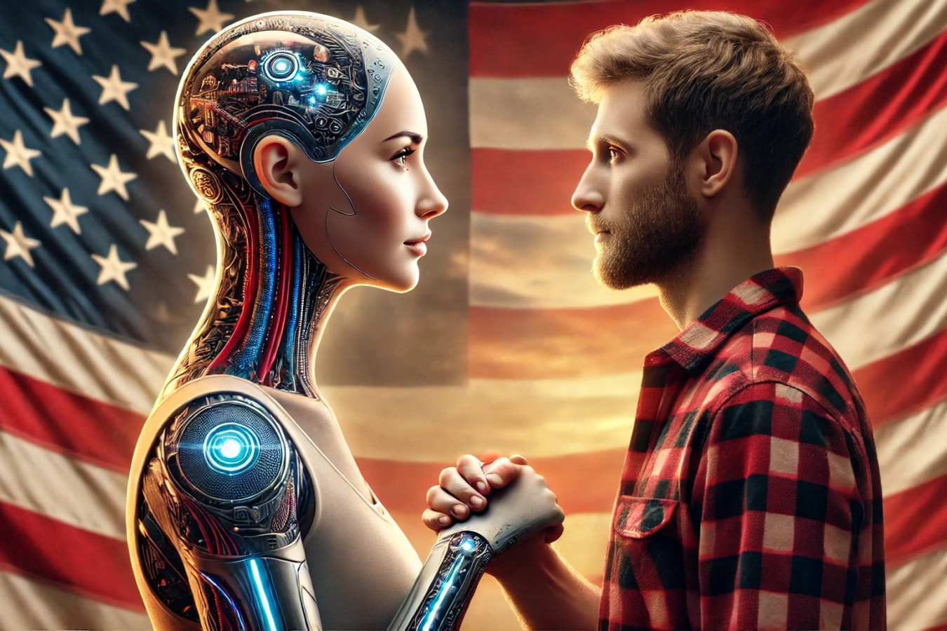workpermit.com’s AI for DV 2026: Female cyborg shaking hands with immigrant on U.S.-themed stage.
