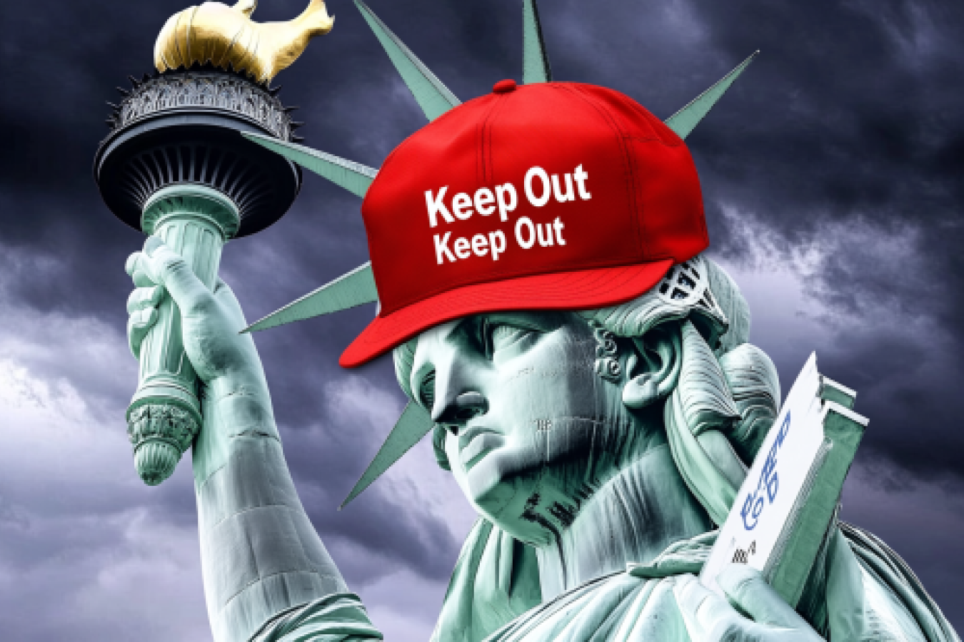 Statue of Liberty in a red 'Keep Out' hat, symbolizing restrictive US immigration policies under Trump, as discussed in our work visa report