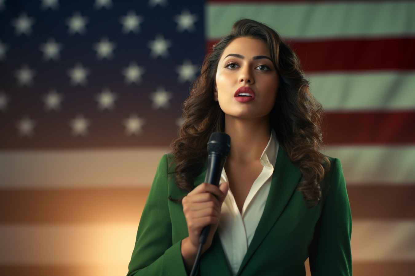 Woman speaking in front of US Flag